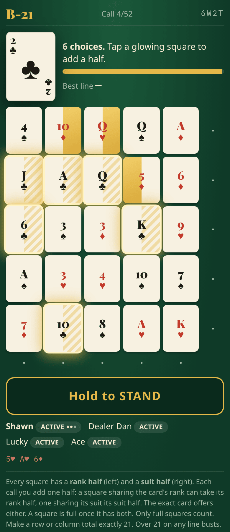 A phone showing the 5x5 grid of cards, line totals, glowing legal squares and the Stand button.